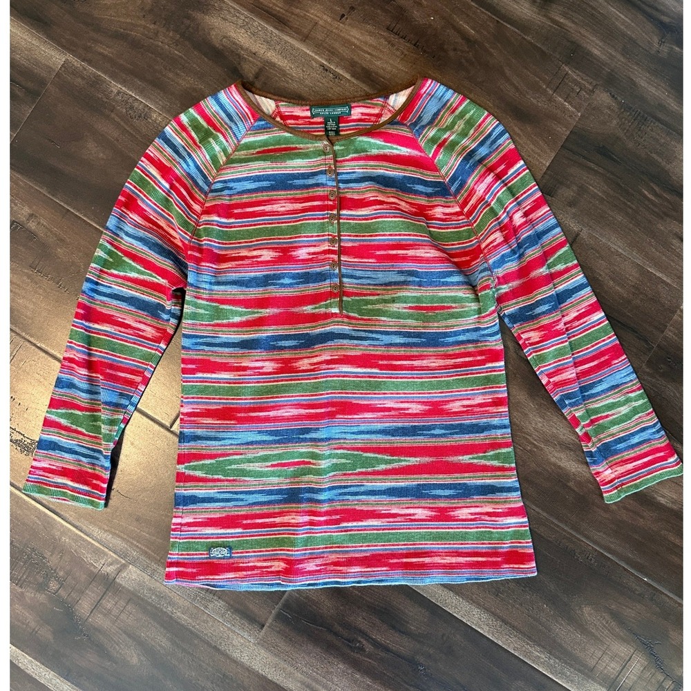Lauren Ralph Lauren Jeans Co Thermal Henley Top Waffle Knit Ikat Stripe Large